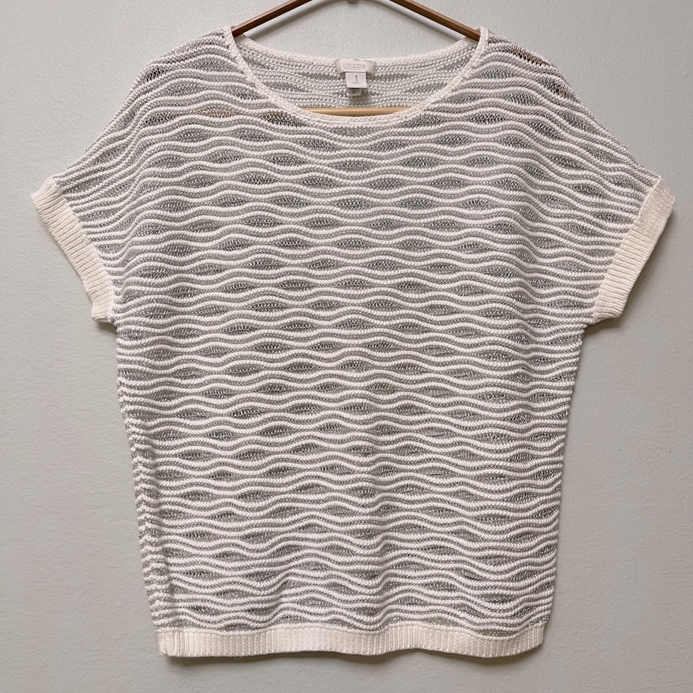 Chico’s Shine Stitch Ruth Pullover, White and Silver Sz 1